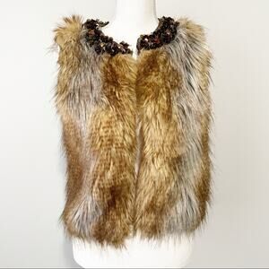 Express faux fur brown tan beaded waist vest XS mobwife embellished